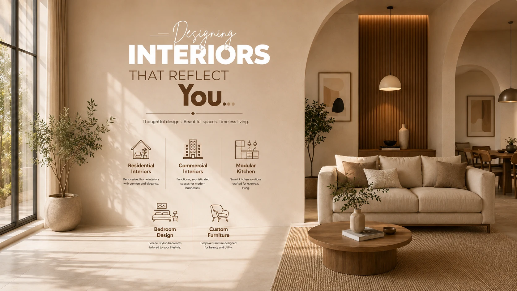 Maneya Interiors services: residential, commercial, modular kitchen, bedroom design and custom furniture